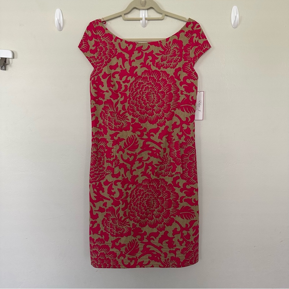 Women's Eliza J Beige Fuchsia Linen Fully‎ Lined V Back Aloha Dress 6